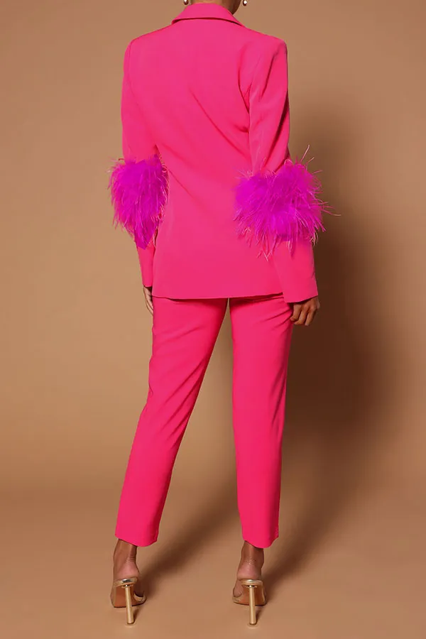 Feather Trim Stylish Pant Suit