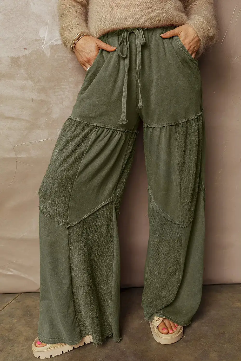 Drawstring Wide Leg Tiered Casual Pants