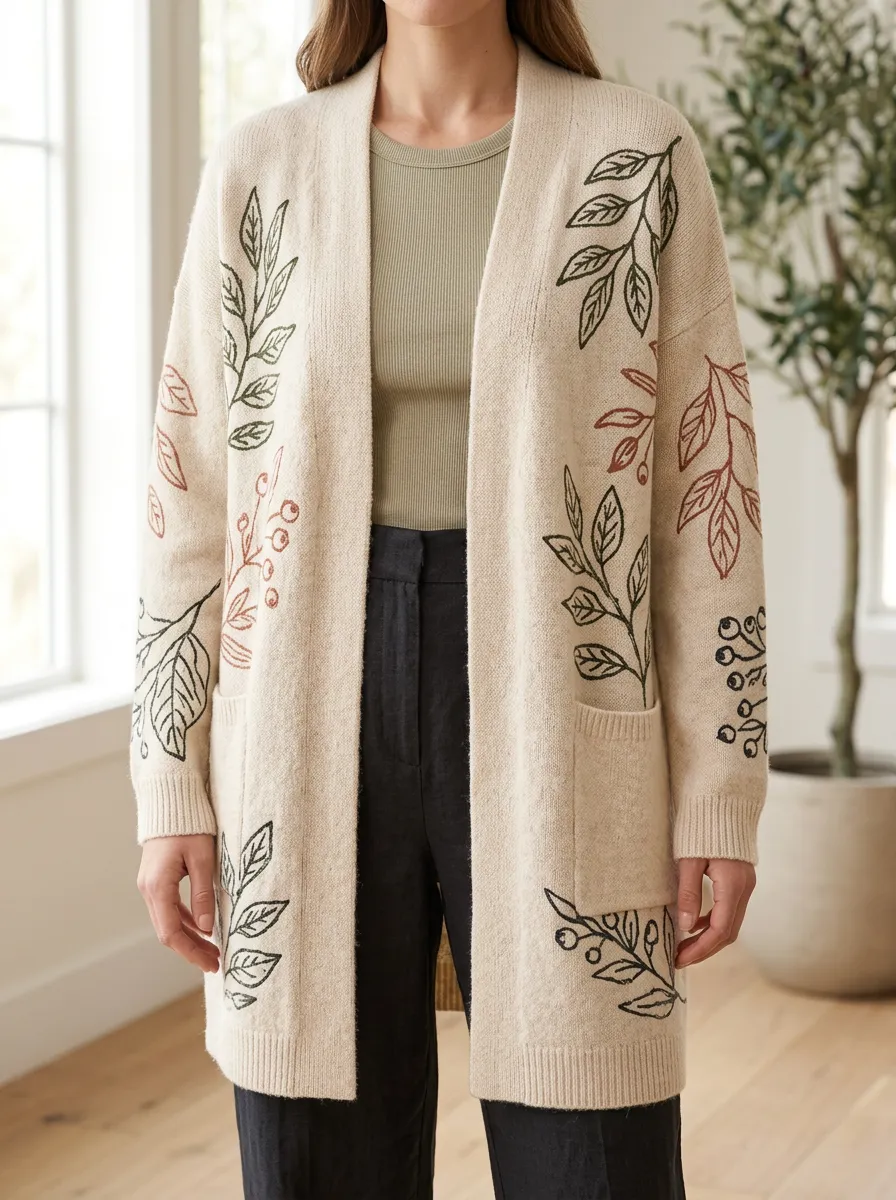 Women's Botanical Nature Lover Leaf Printed Dropped Shoulder Easygoing Layering Cardigan