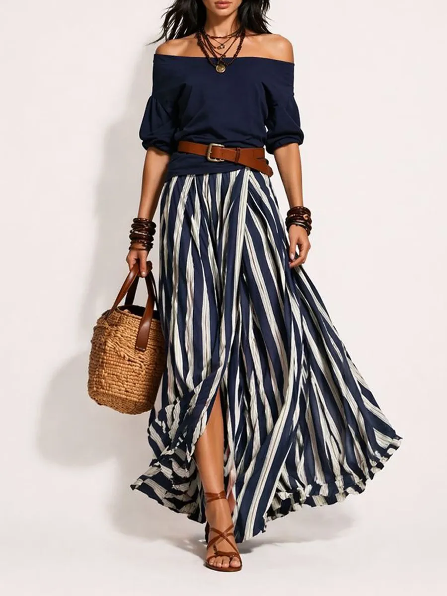 Arlette Women's Vacation-Style Off-Shoulder Top and Slit Skirt Set