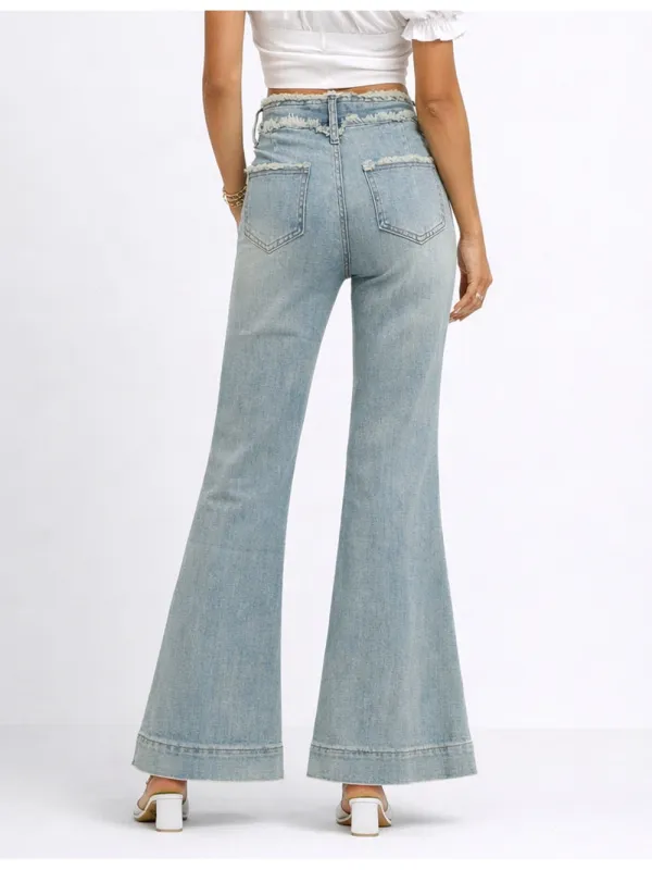 Vintage Raw Edge Waist Flared Leg Denim Pants