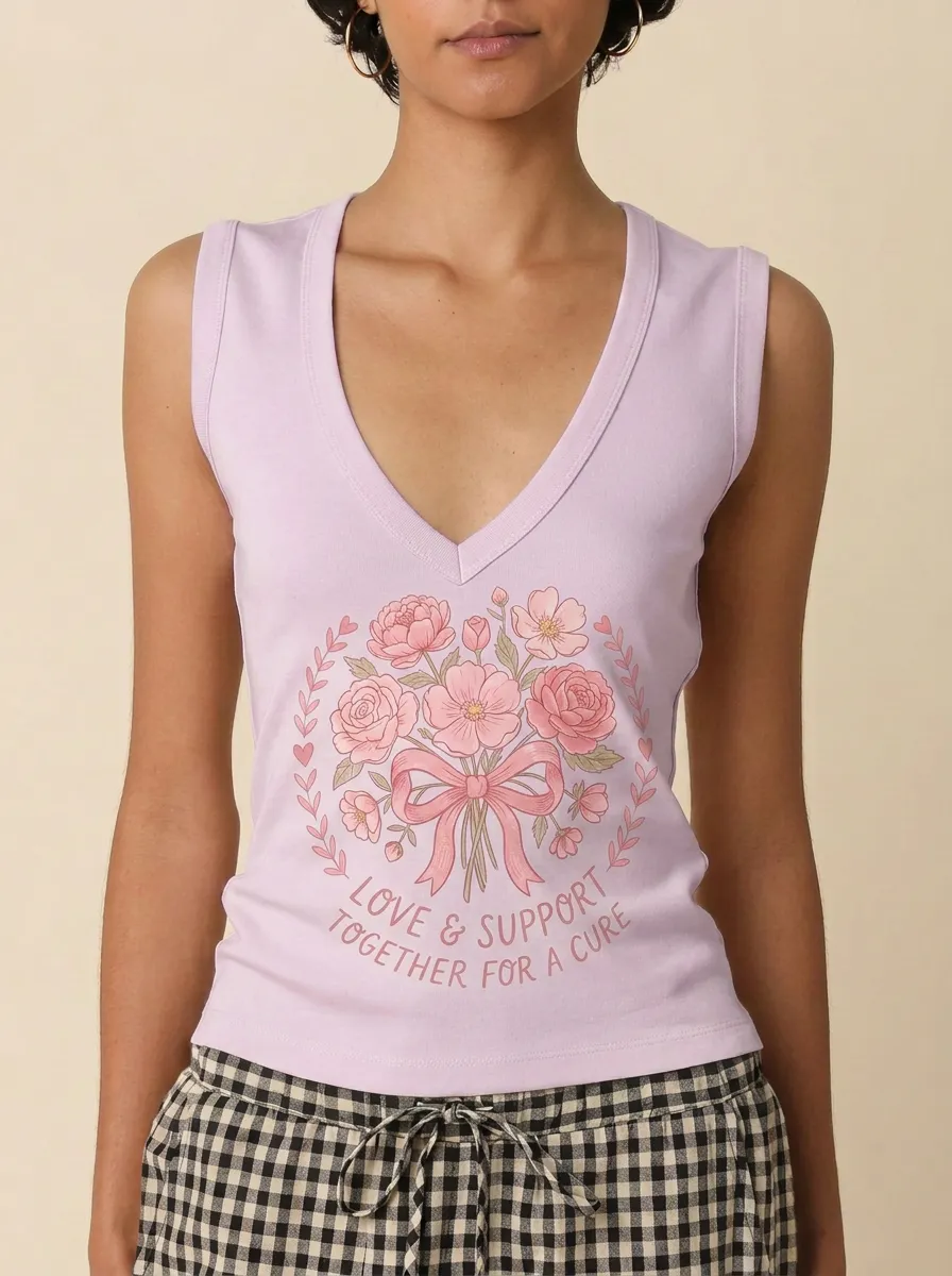 Women's Breast Cancer Awareness Floral Bouquet Printed Tank Top