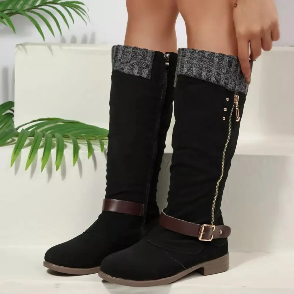 Ruffled Round Toe Block Heels Boots