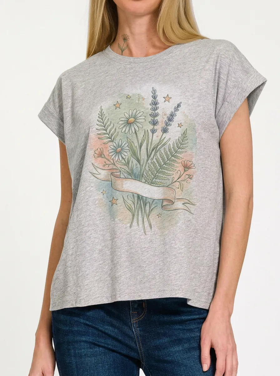 Women's Botanical Nature Lover Daisy Lavender Printed T-shirt