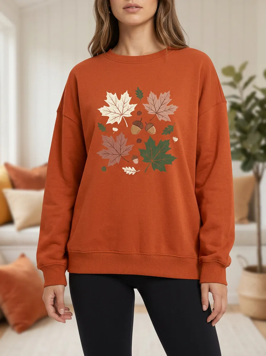 Waffle-Knit Maple-Leaf Printed Acorn Graphic Sweatshirt