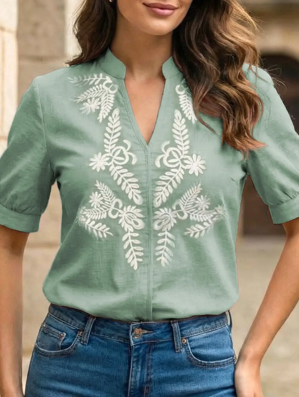 V Neck Embroidered Cotton Short Sleeve Blouse