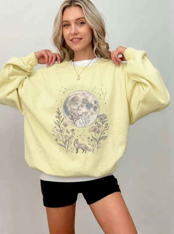 Women's Celestial Fox Moon Floral Constellation Printed Sweatshirt