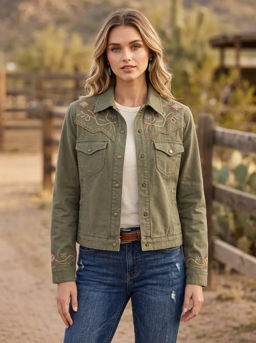 Women's Western Floral Embroidery Floral Embroidered Denim Jacket