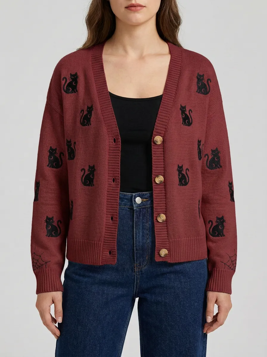 Women's Witchy Black Cat Moon Spiderweb Halloween Print Cardigan