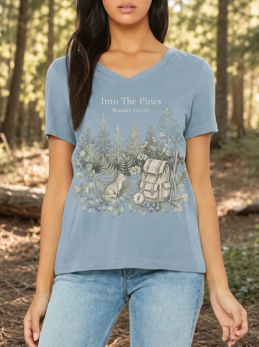 Women's Nature Hiking Lover Fox Backpack Compass Printed T-shirt