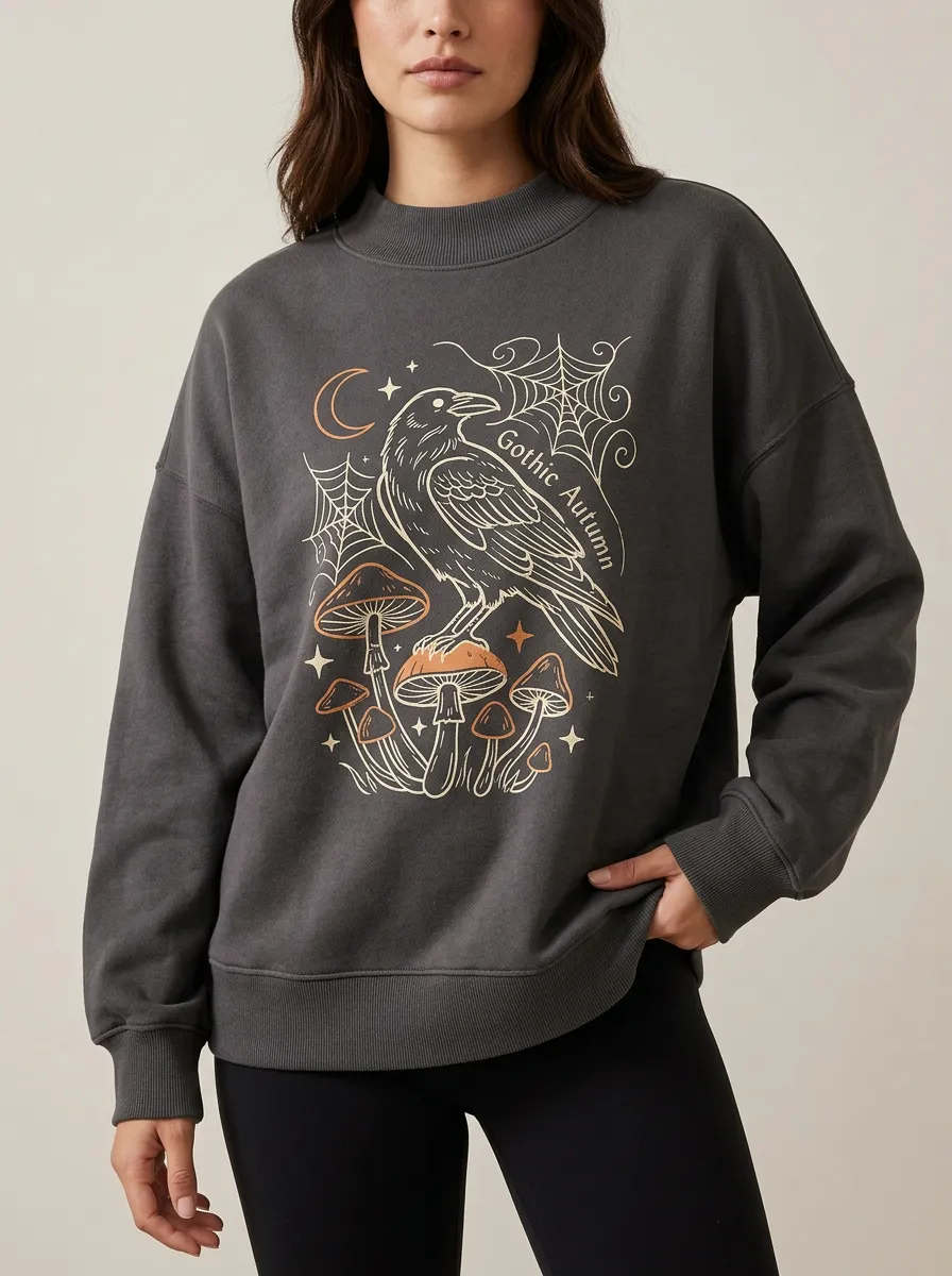 Women's Halloween Gothic Raven Mushroom Printed Sweatshirt