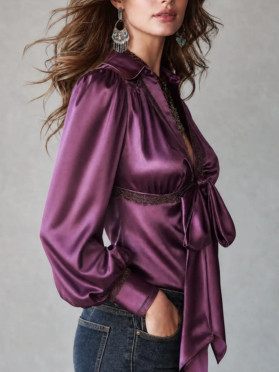 Boho Satin Silk Tie-Neck Blouse With Lantern Sleeve