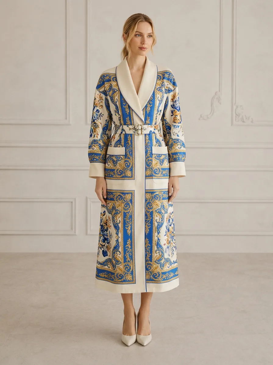 Women's Baroque Floral Pattern Printed Long Coat