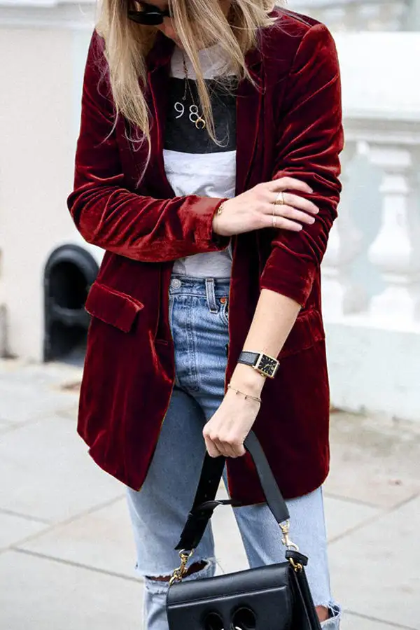 Lapel-Collar Velvet Polyester Tailored Blazer