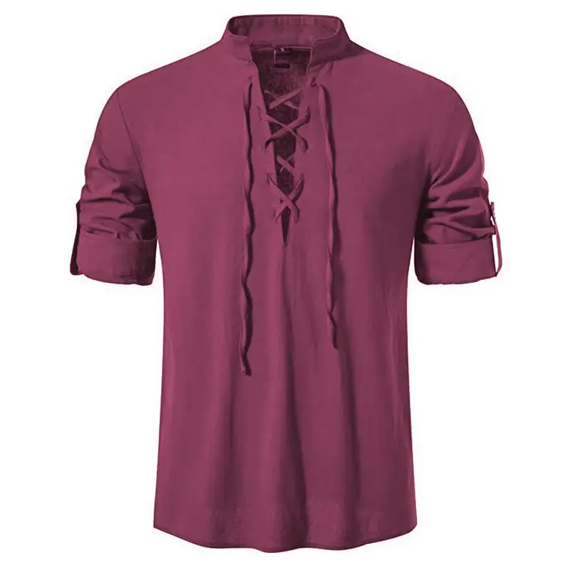 Men's Casual Lace-up Shirt With Stand-up Collar Linen-Cotton Blend And Roll-up Sleeve Tabs