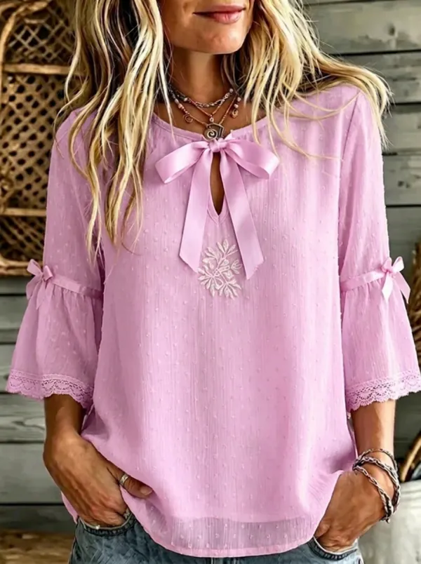 Women's Round Neck Bow-detail Swiss Dot Blouse