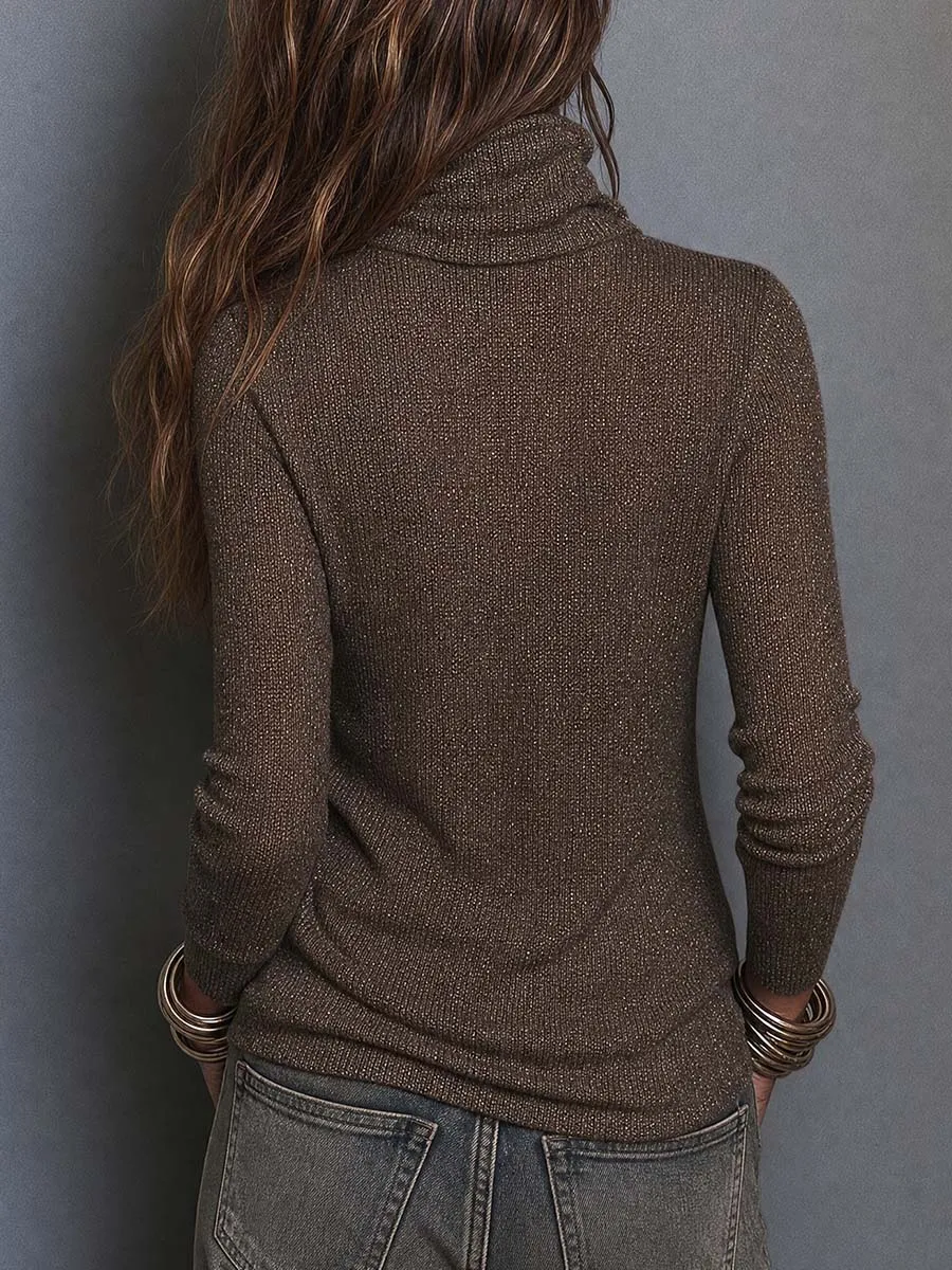 Boho Brown Lightweight Knit Cowl Neck Long Sleeve Slim Fit Top