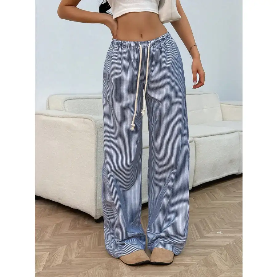 Drawstring Striped Wide Leg Pants