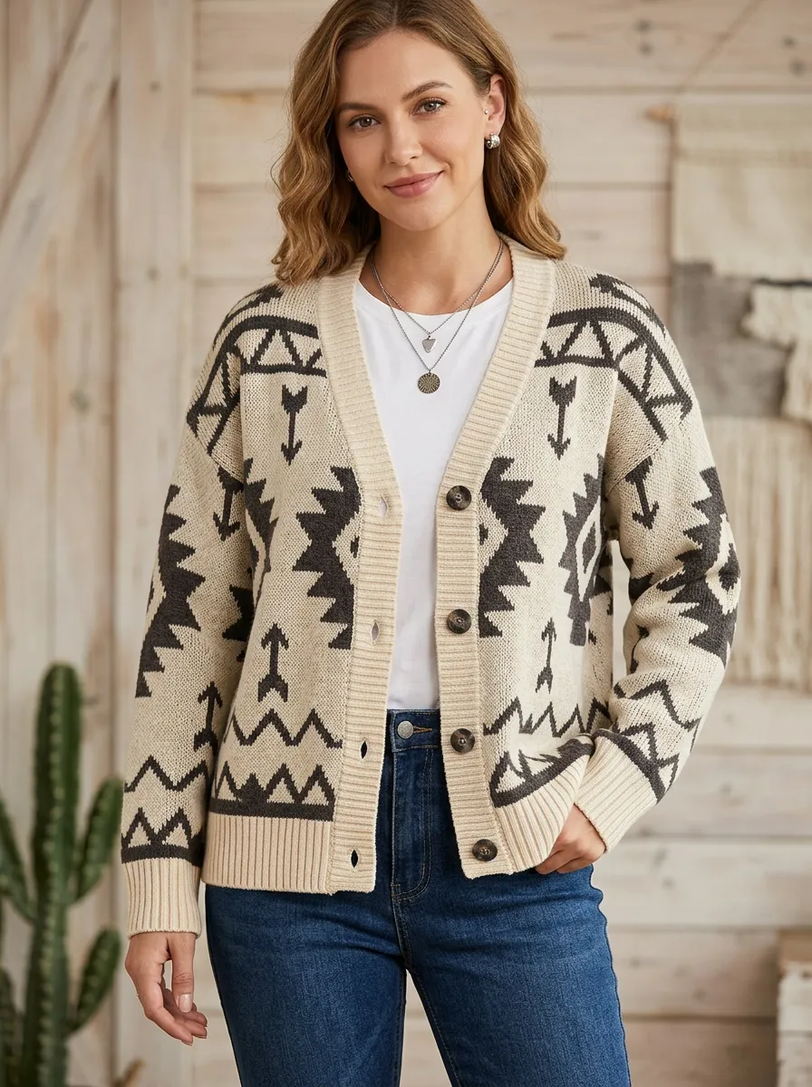 Women's Western Beige and Charcoal Geometric Pattern Cardigan