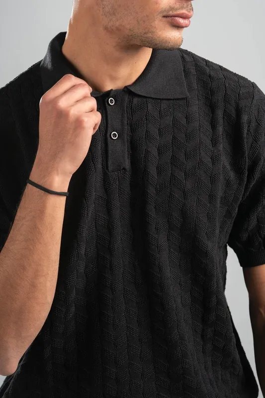 Black Textured Knit Polo Shirt