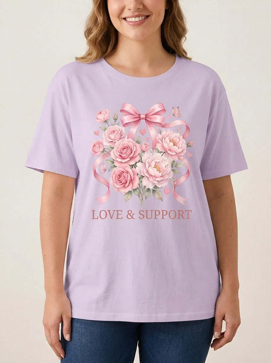 Women's Breast Cancer Awareness Pink Ribbon Floral Printed T-shirt