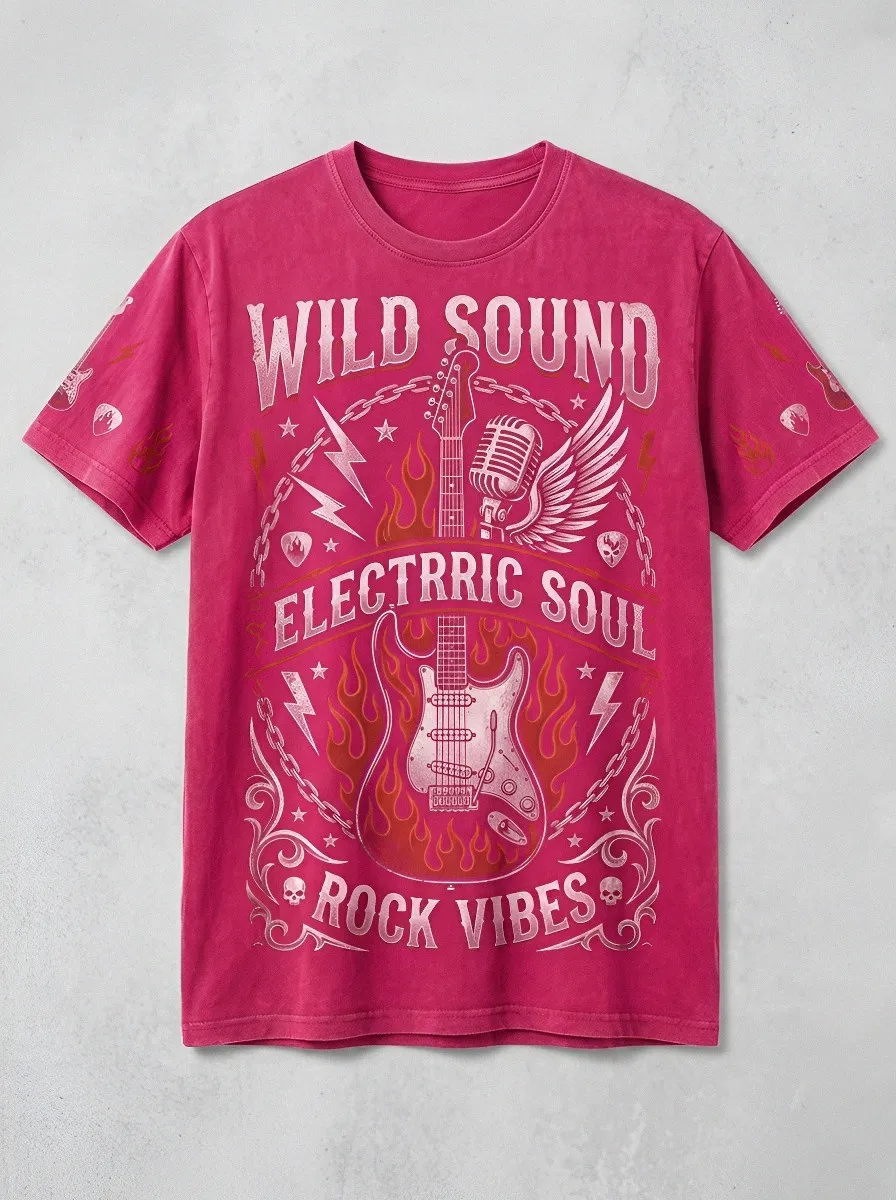 Men's Rock Music Lover Electric Guitar Flame Printed T-shirt