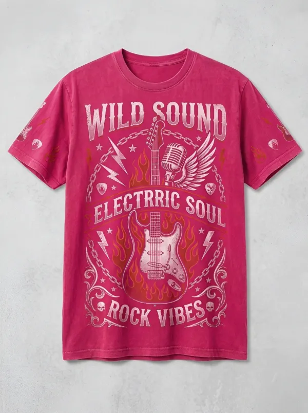 Men's Rock Music Lover Electric Guitar Flame Printed T-shirt