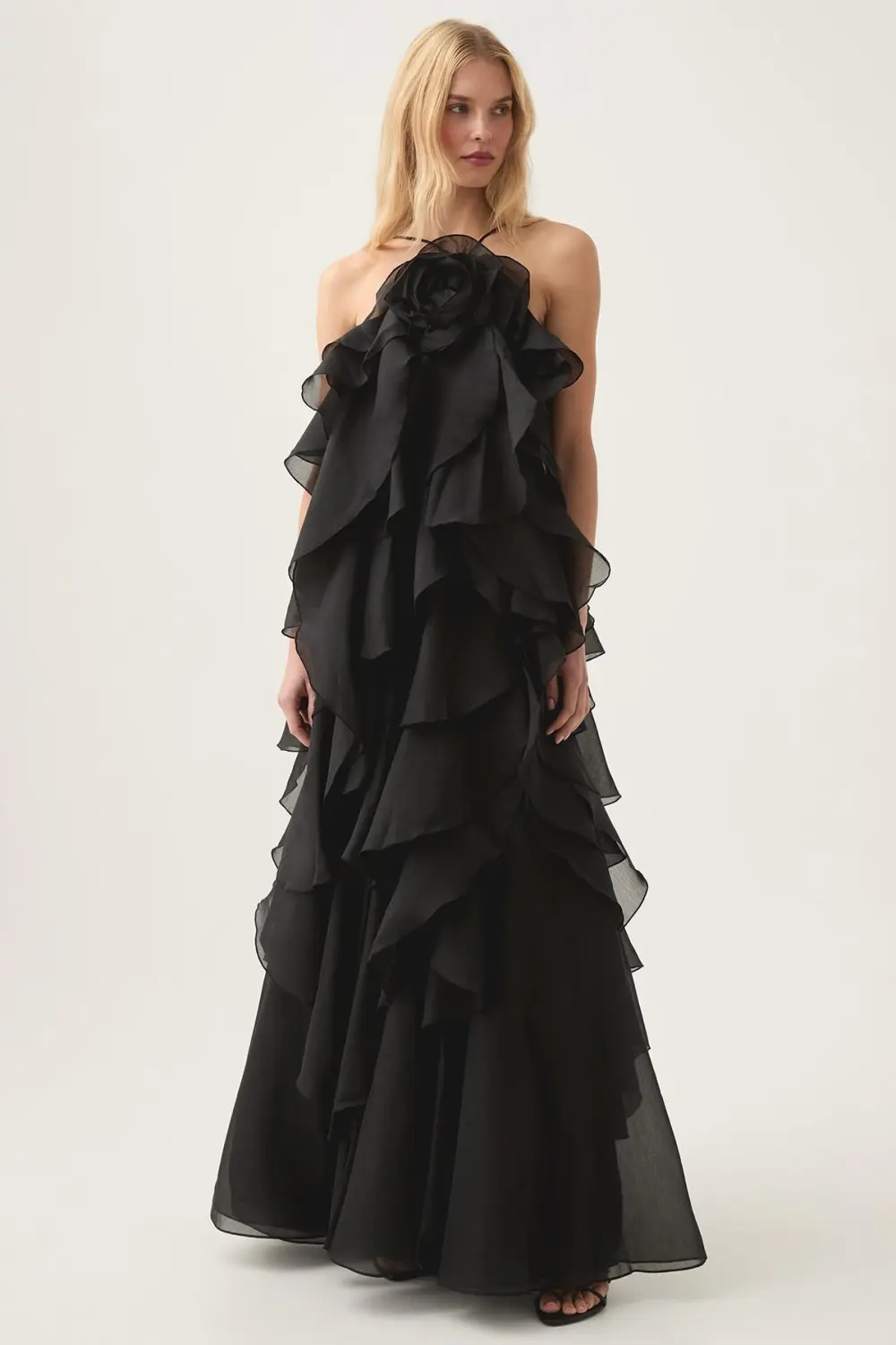 3D Flower Halter Neck Frill Maxi Dress
