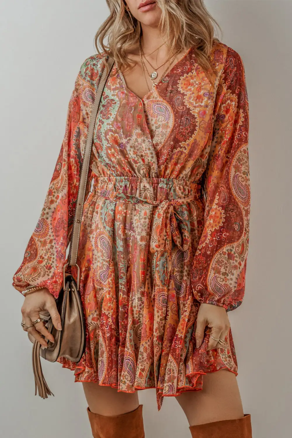Paisley Pleated Belted Mini Dress