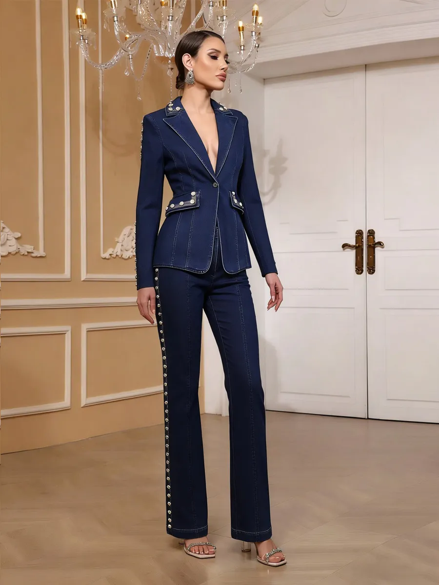 Celestia Pearl-Studded Denim Suit Set