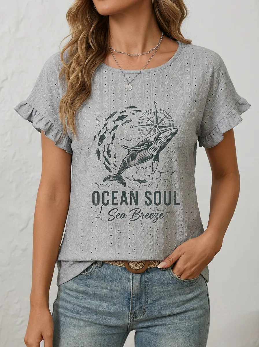 Women's Whale Compass Printed Ruffle Top