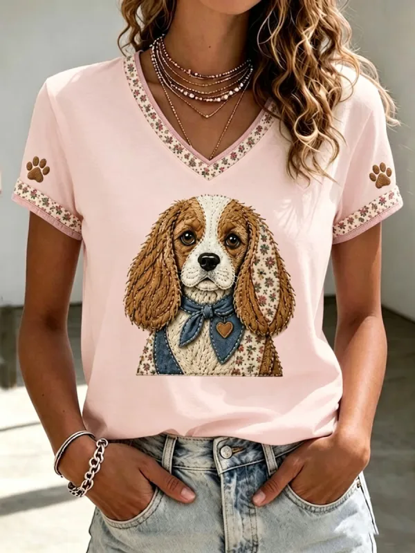 Women's Retro Patchwork Dog Print V-Neck Tee