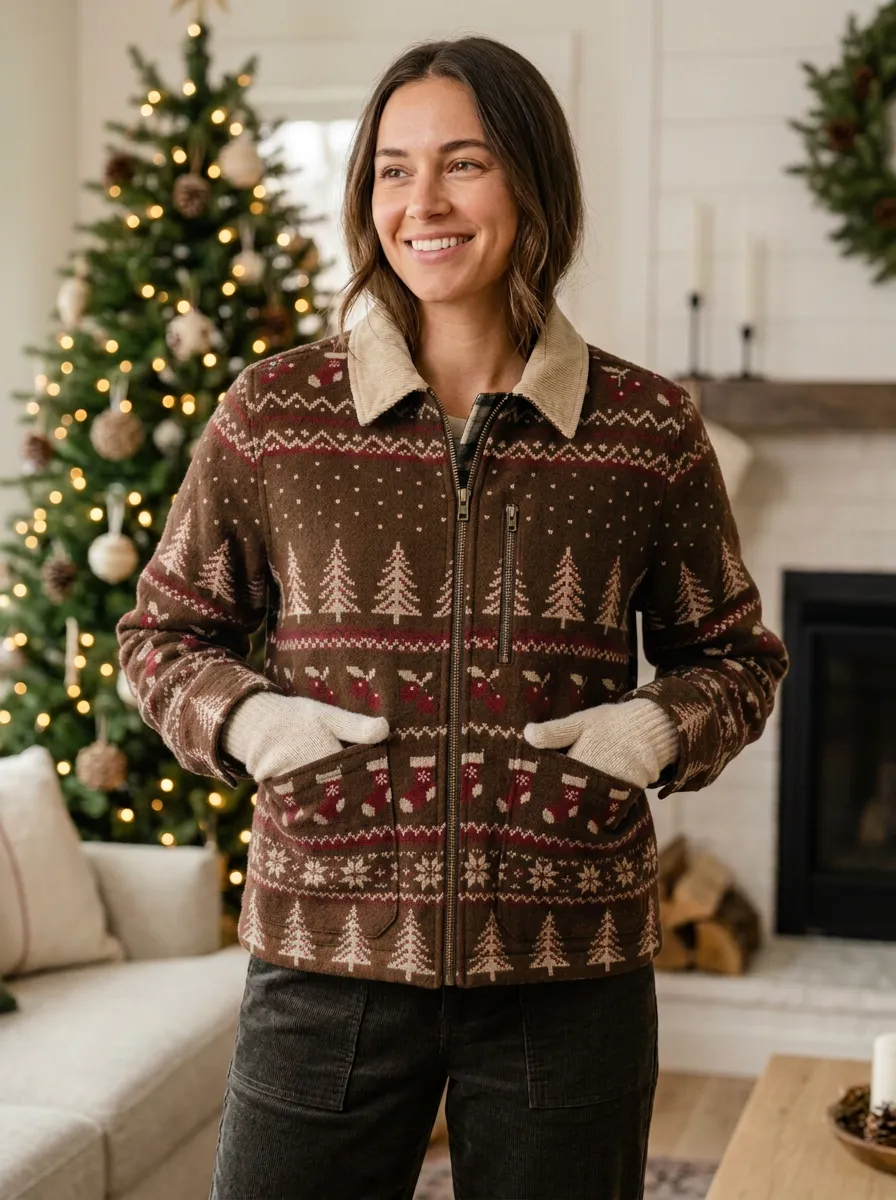 Christmas Holiday Tree Stocking Print Zip-up Jacket