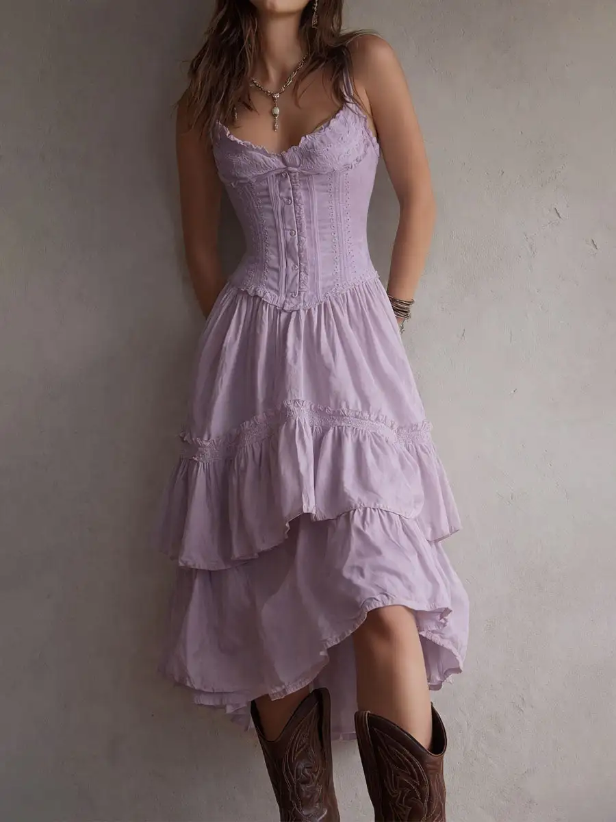 Retro Boho Corset Tiered Midi Dress With Lace-Trim