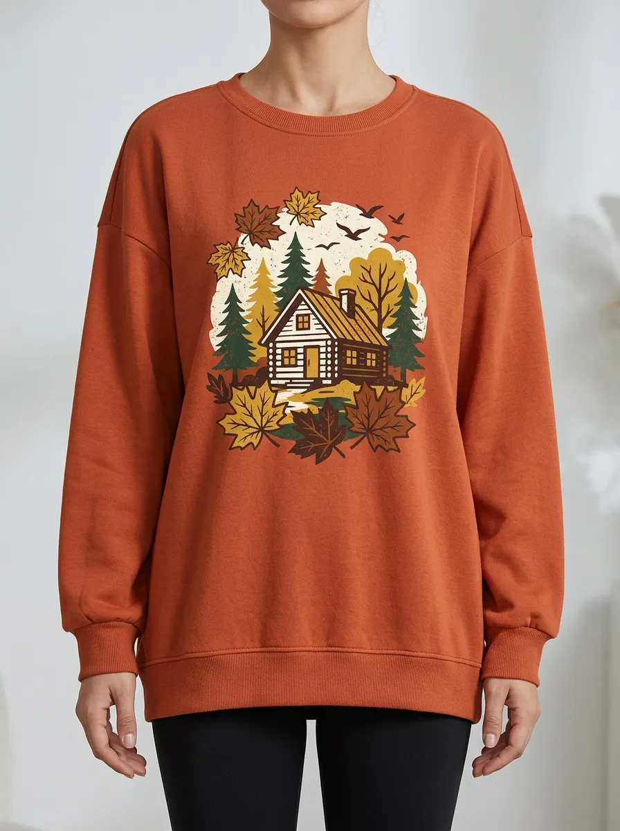 Layered Maple-Leaf Printed Leaf-Motif Graphic Sweatshirt