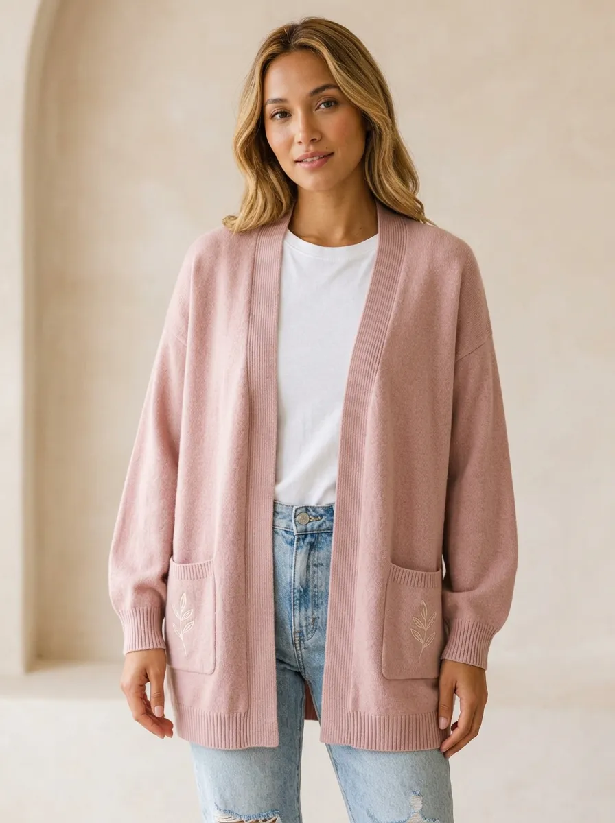 Women's Pink Minimalist Leaf Embroidered Open Front Knit Cardigan