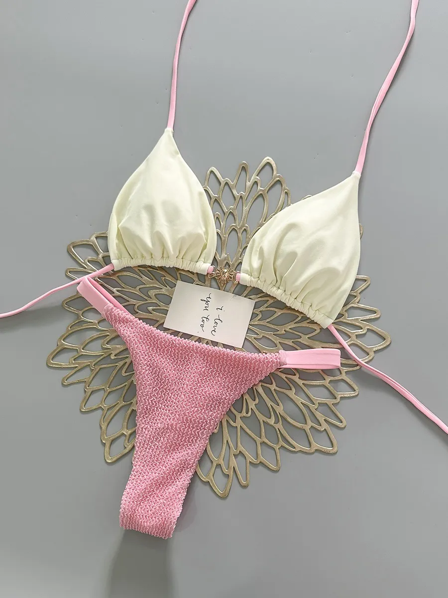 Victoria Pink and White Color-Blocked Bikini Two Piece Set