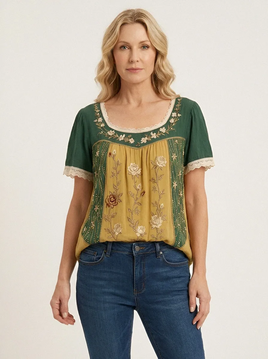Women's Floral Bohemian Star Embroidered Printed Short Sleeve T-shirt