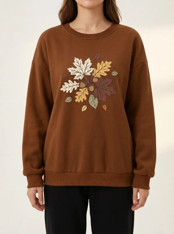 Soft Detail Maple-Leaf Printed Acorn Graphic Sweatshirt