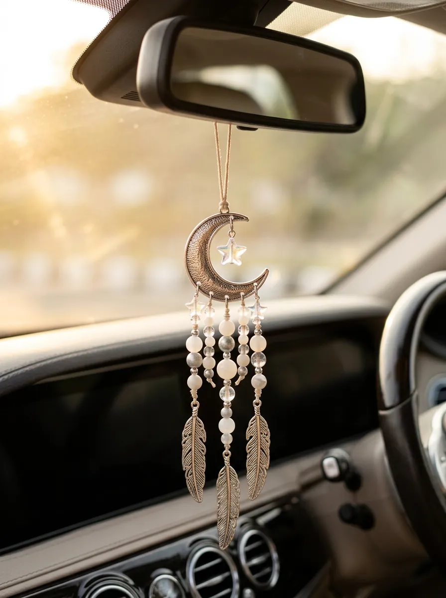 Beaded Moon-Star Feather Rearview Mirror Hanging Ornament
