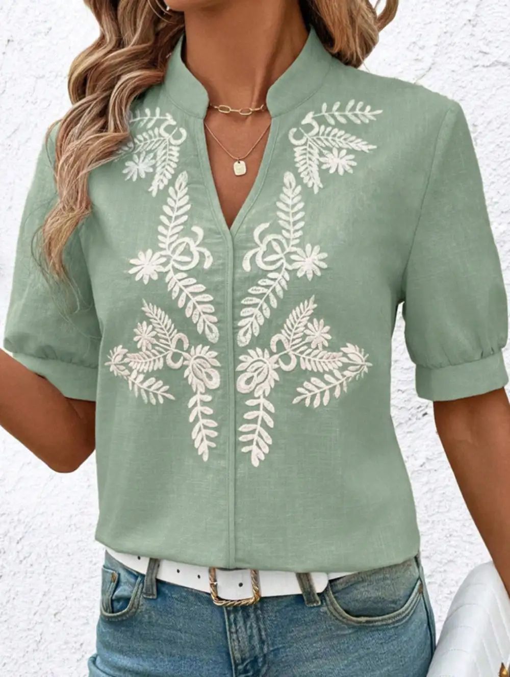 V Neck Embroidered Cotton Short Sleeve Blouse