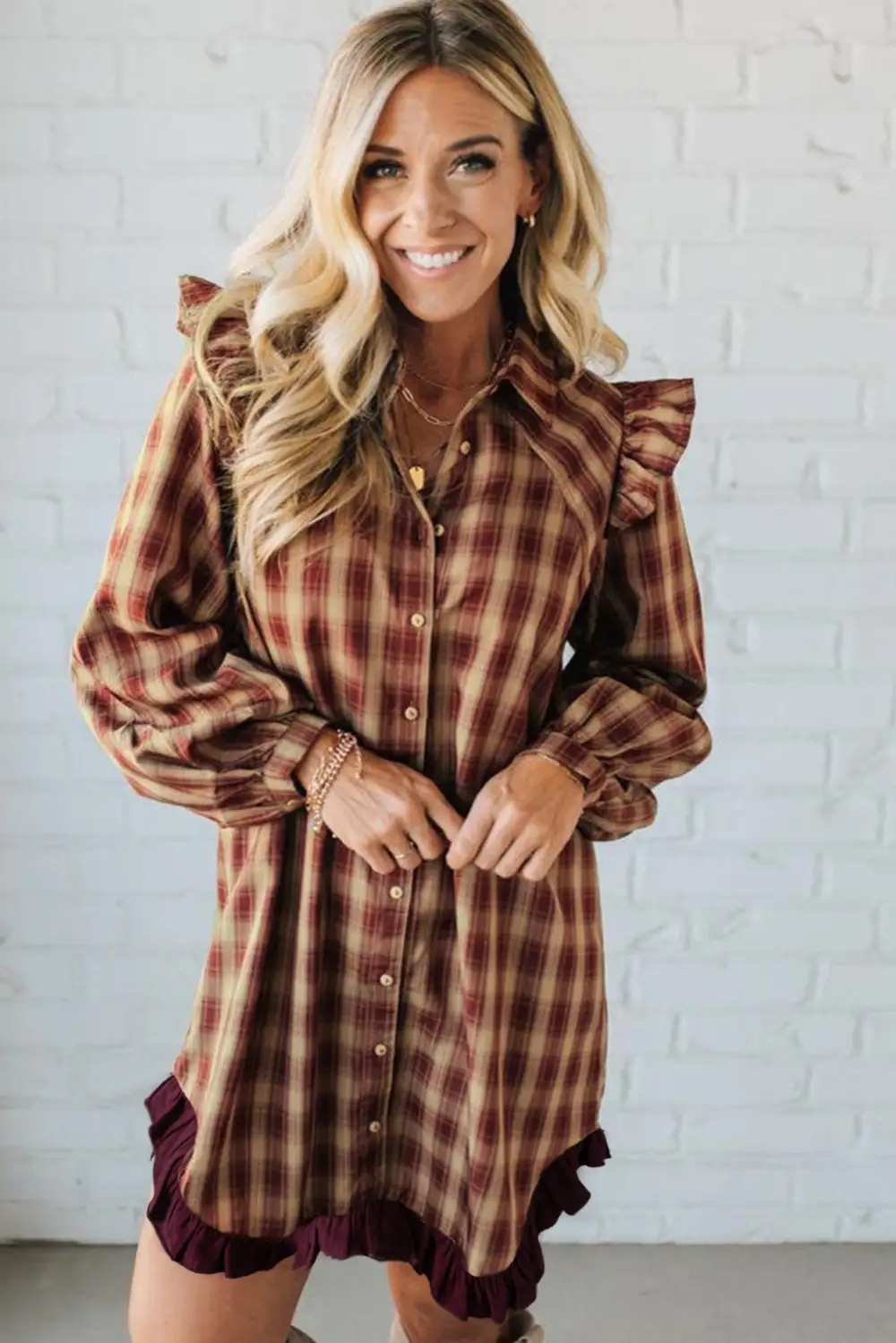 Gathered Detail Plaid Patchwork Ruffle Mini Dress