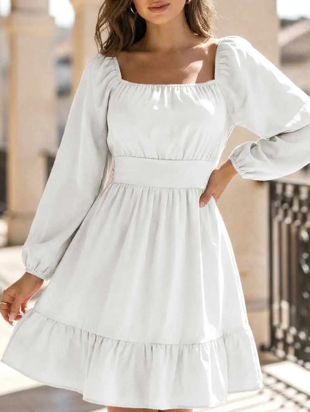Square Neckline Ruffled Tie Up Mini Dress