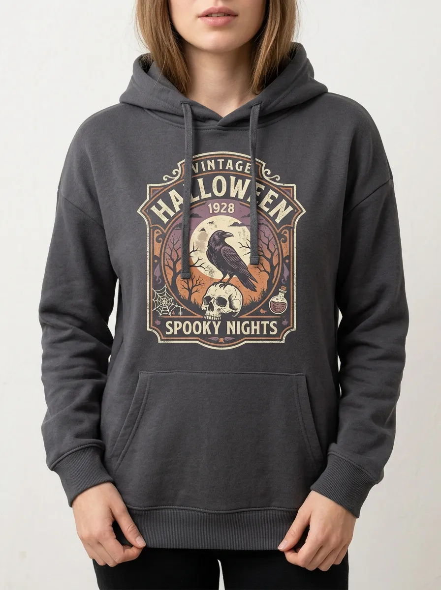 Women's Vintage Halloween Crow Skull Printed Hoodie