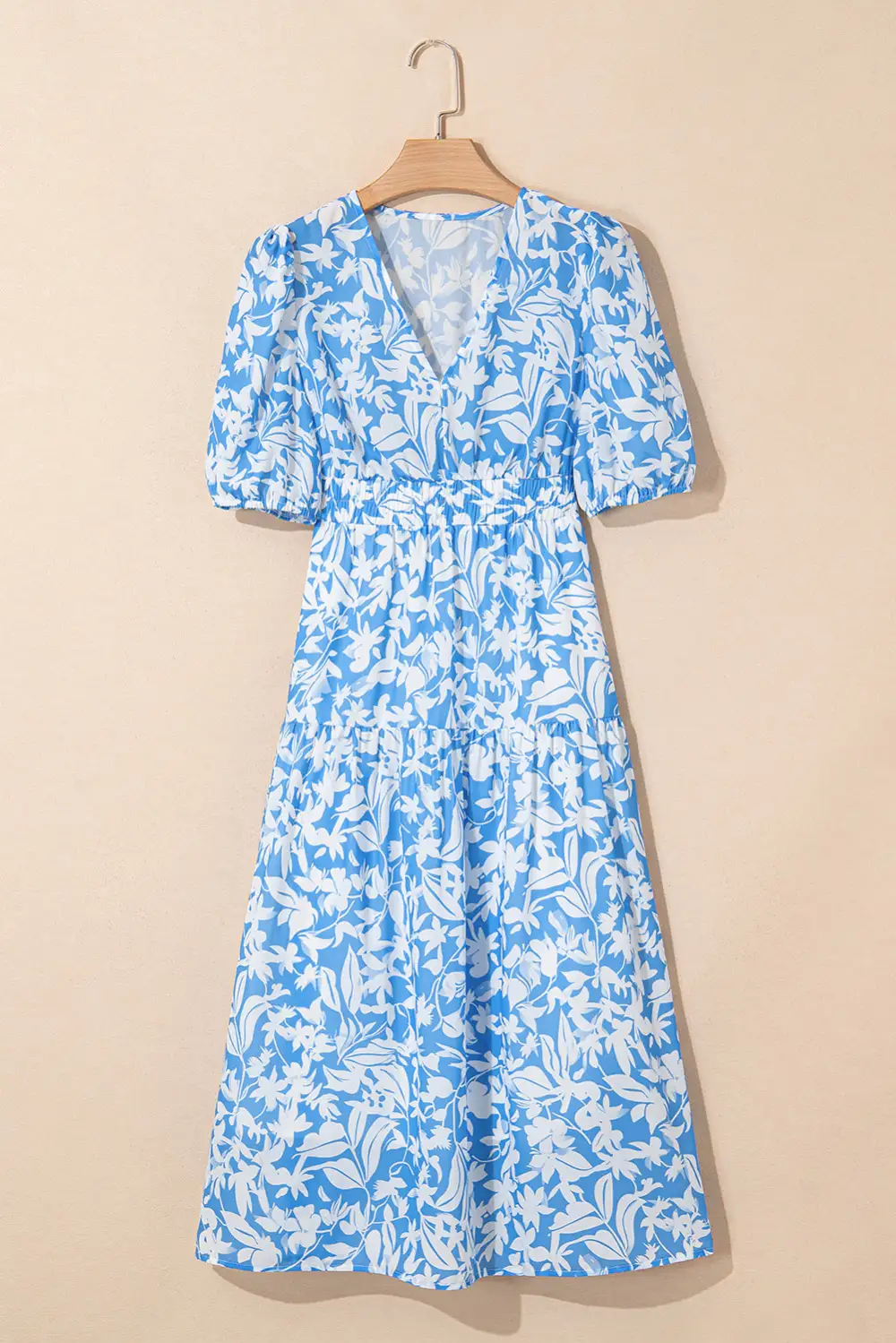 Floral V Neck Puff Short Sleeve Flowy