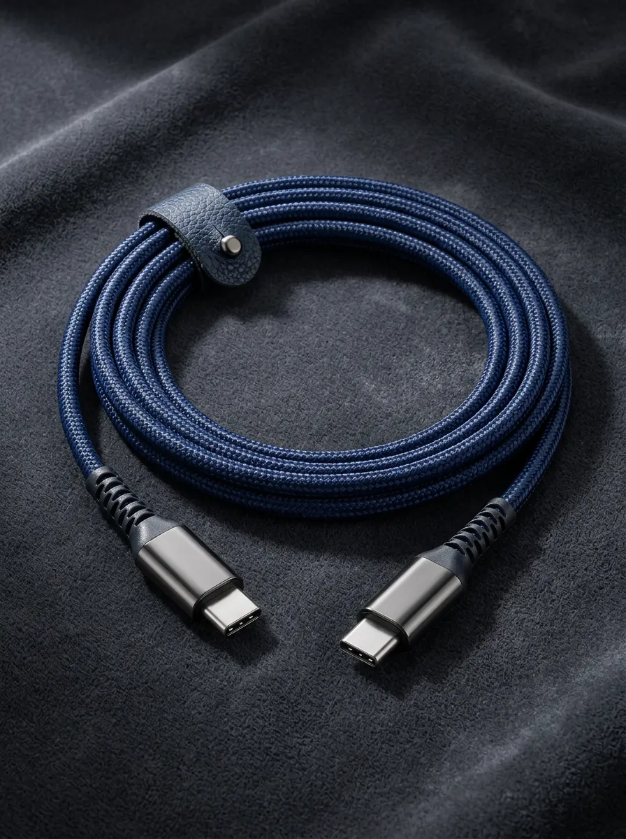 Navy Braided Leather Strap USB-C Phone Charging Cable