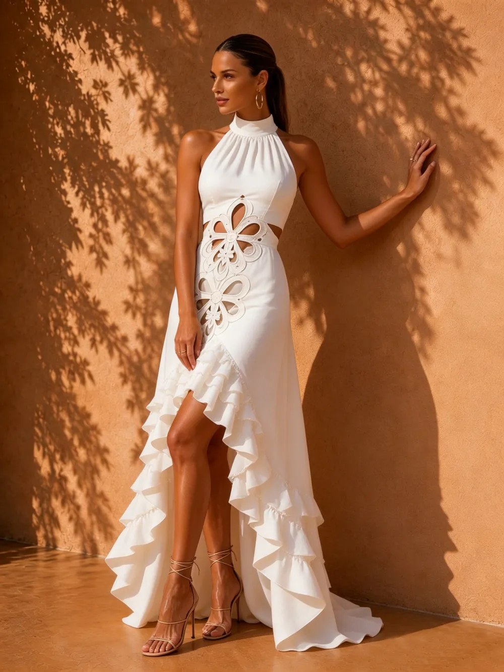 Liliana Halter Hollow-Out Irregular Maxi Dress In White