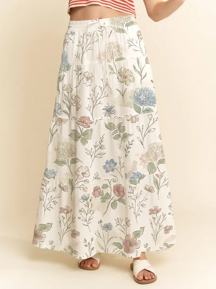 Women's Boho Floral Hydrangea Botanical Printed Maxi Skirt