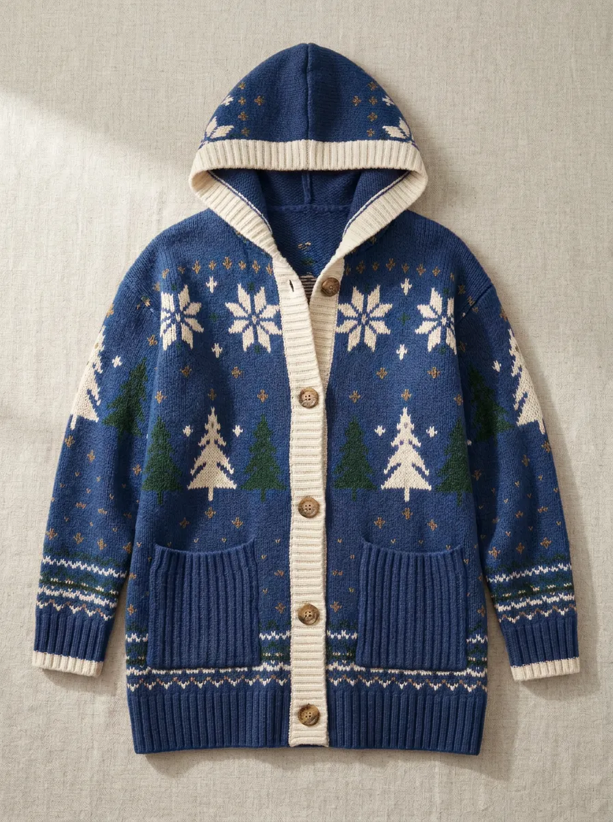 Christmas Snowflake Pine Tree Pattern Knit Hooded Cardigan