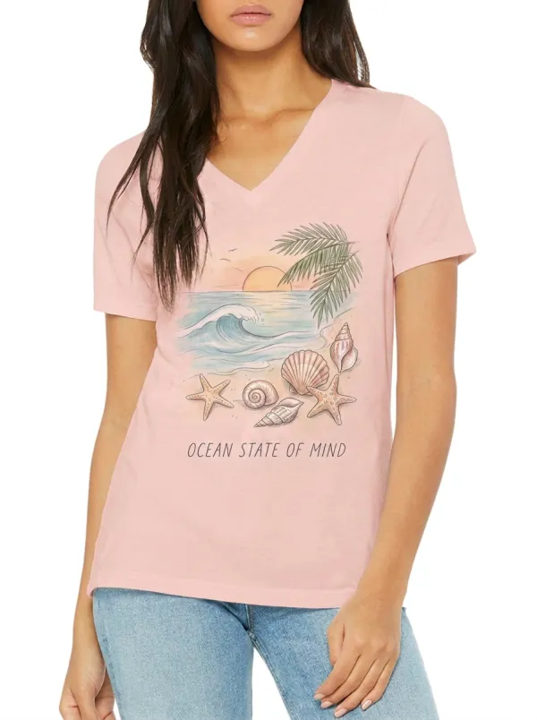 Women's Beach Lover Ocean State of Mind Seashells Printed V-neck T-shirt